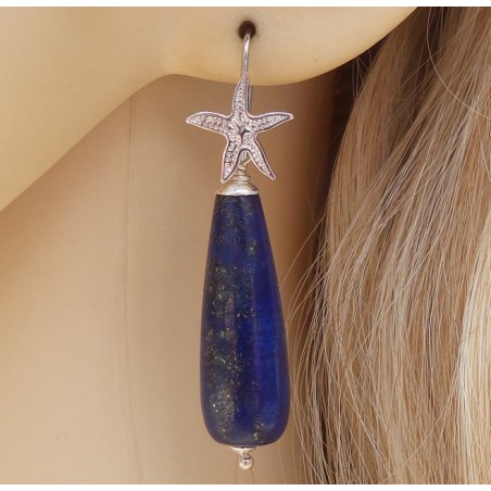 Zilveren oorbellen met smalle Lapis Lazuli briolet