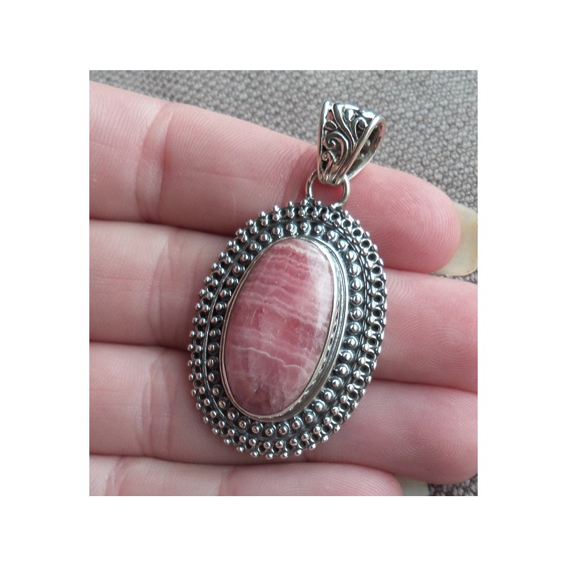 Zilveren hanger met Rhodochrosiet gezet in bewerkte setting
