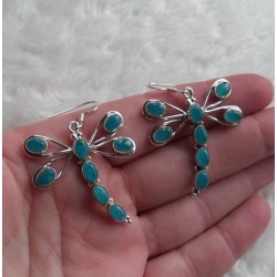 Zilveren lange libellen oorbellen gezet met blauw Chalcedoon