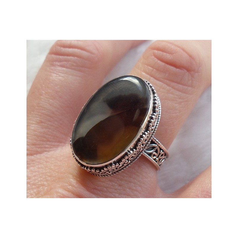 Zilveren ring ovale Montana Agaat bewerkte setting 19 mm