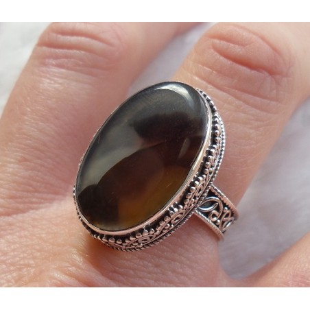 Zilveren ring ovale Montana Agaat bewerkte setting 19 mm