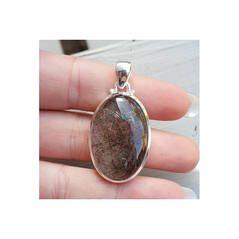 Zilveren hanger ovale cabochon geslepen Toermalijnkwarts