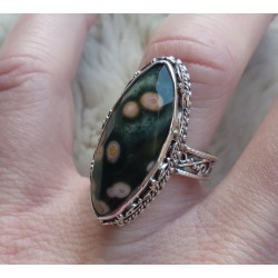 Zilveren ring marquise Oceaan Jaspis in bewerkte setting 18 mm
