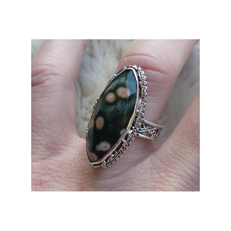 Zilveren ring marquise Oceaan Jaspis in bewerkte setting 18 mm