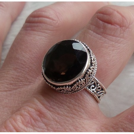 Zilveren ring ronde Smokey Topaas en bewerkte setting 18.5 mm