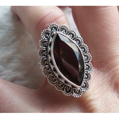 Zilveren ring marquise Smokey Topaas bewerkte kop en band 17.5 m