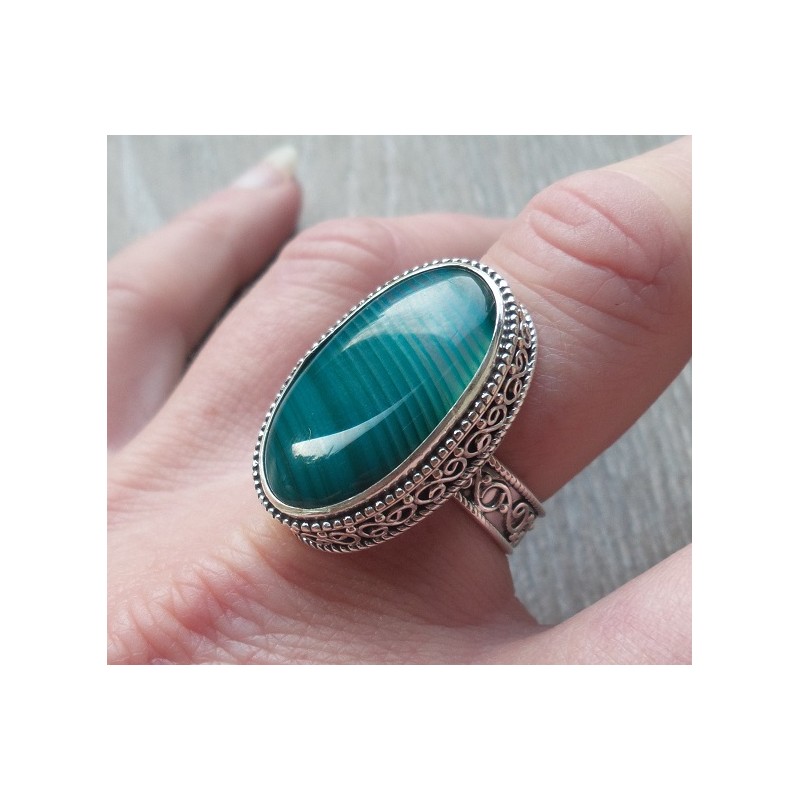 Zilveren ring blauw/groene Botswana Agaat bewerkte setting 17.5