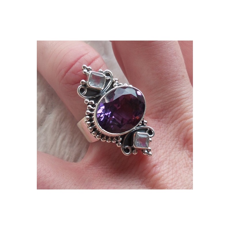Zilveren ring gezet met Amethist en Maansteen 17.5 mm