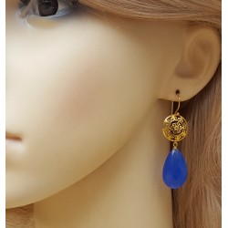 Vergulde oorbellen met blauwe Chalcedoon briolet