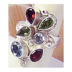 Zilveren ring met Peridot, Granaat en blauw Topaas maat 18.9