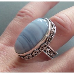 Zilveren ring ovale blauw Lace Agaat en bewerkte setting 17.3 mm