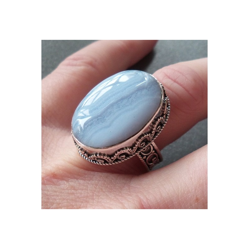 Zilveren ring blauw Lace Agaat en bewerkte setting 17.5 mm