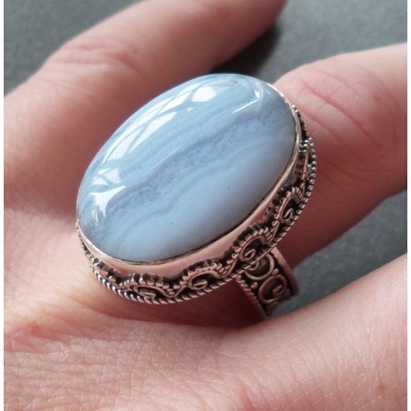 Zilveren ring blauw Lace Agaat en bewerkte setting 17.5 mm