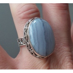 Zilveren ring blauw Lace Agaat en bewerkte setting 17.5 mm