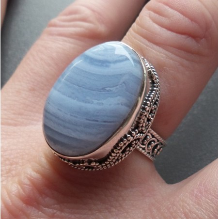 Zilveren ring blauw Lace Agaat en bewerkte setting 18 mm