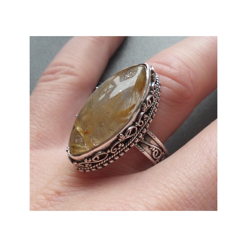 Zilveren ring marquise gouden Rutielkwarts bewerkte setting 18