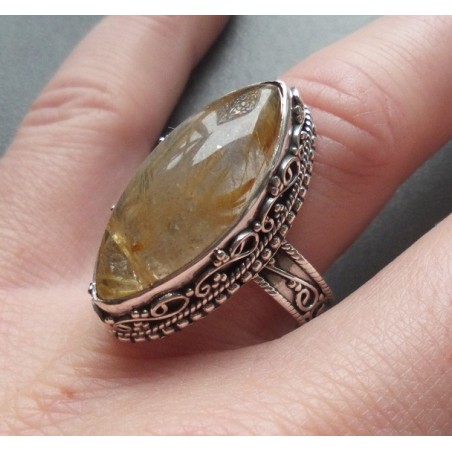 Zilveren ring marquise gouden Rutielkwarts bewerkte setting 18
