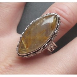 Zilveren ring marquise gouden Rutielkwarts bewerkte setting 18