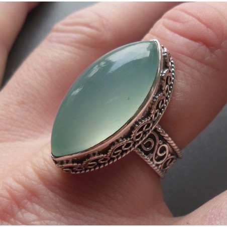 Zilveren ring marquise aqua Chalcedoon bewerkte setting 17.5 mm