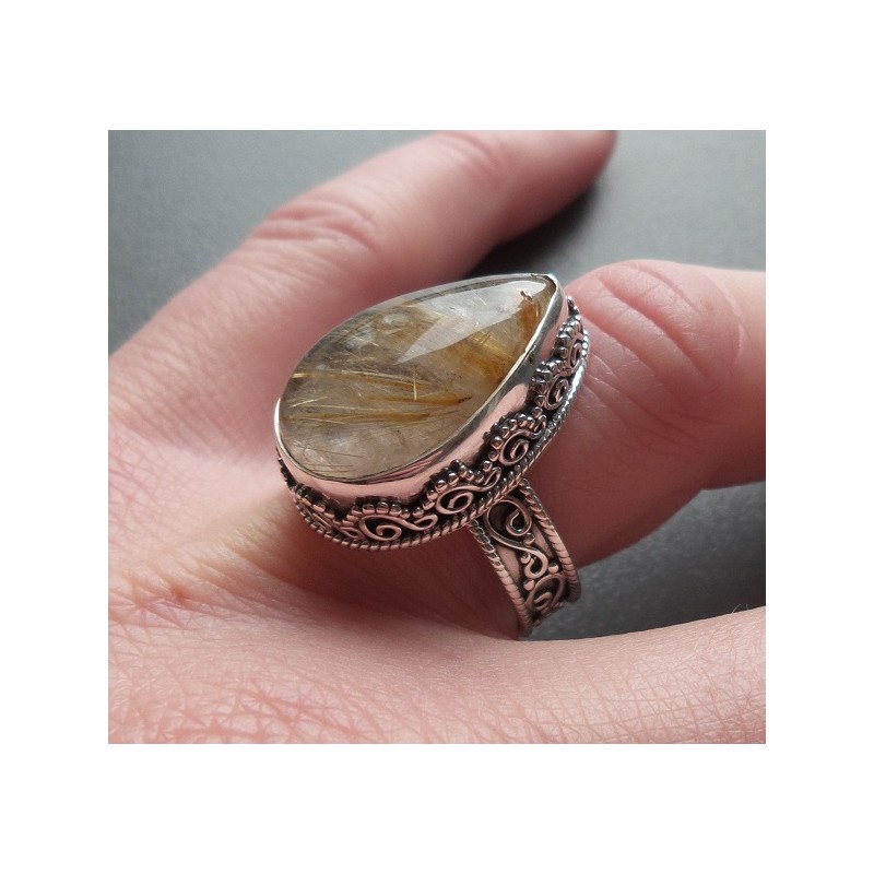 Zilveren ring gouden Rutielkwarts bewerkte setting 18 mm