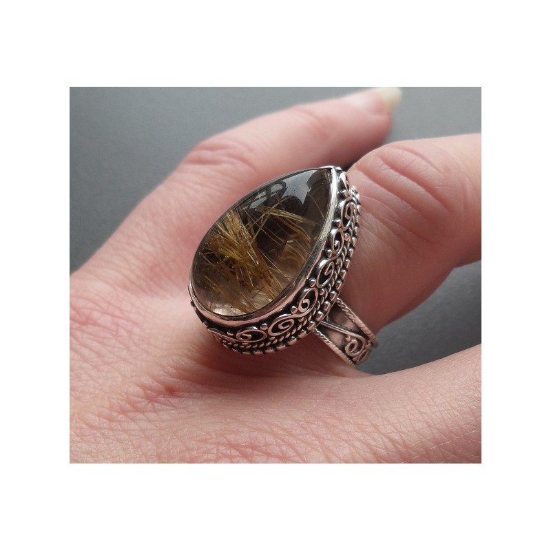 Zilveren ring gouden Rutielkwarts in bewerkte setting 17.3 mm