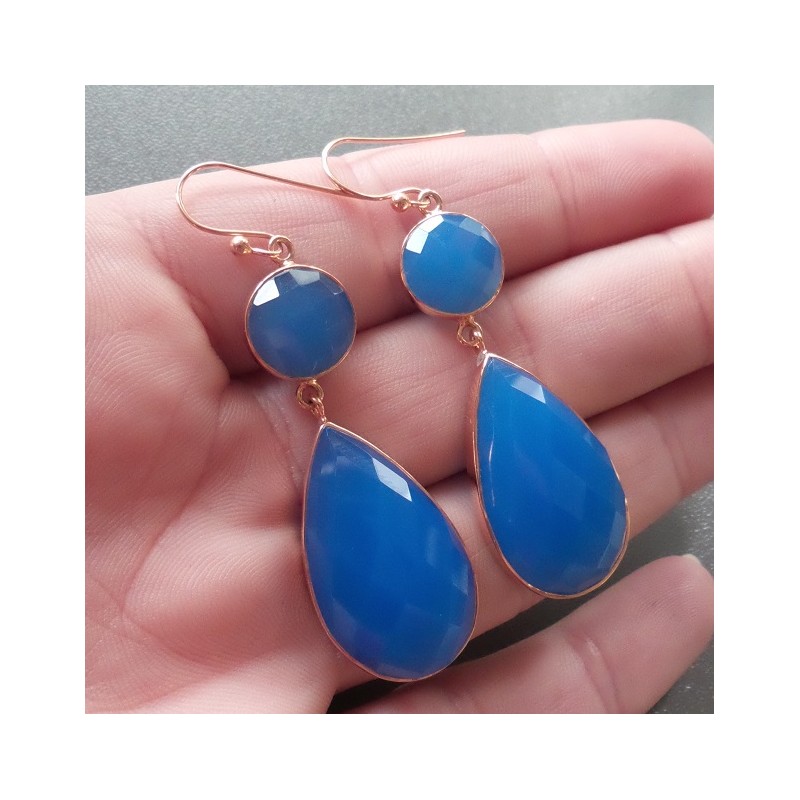 Vergulde zilveren oorbellen met facet blauw Chalcedoon