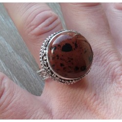 Zilveren ring ronde mahonie Obsidiaan in bewerkte setting 17.5 m