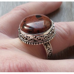 Zilveren ring ronde mahonie Obsidiaan in bewerkte setting 17.5 m