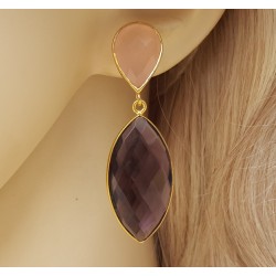 Vergulde oorbellen met marquise Amethist en roze Chalcedoon