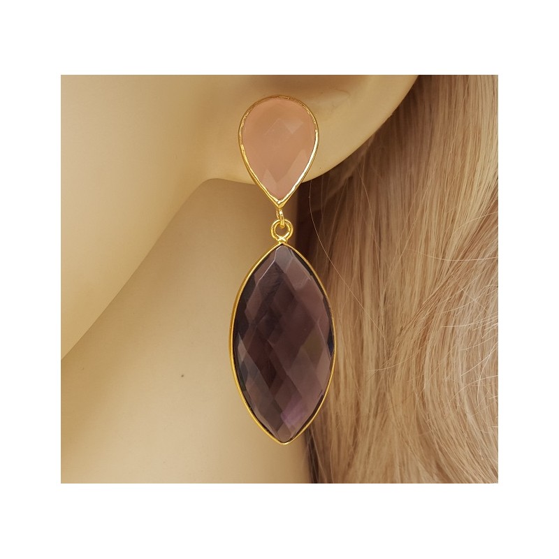 Vergulde oorbellen met marquise Amethist en roze Chalcedoon
