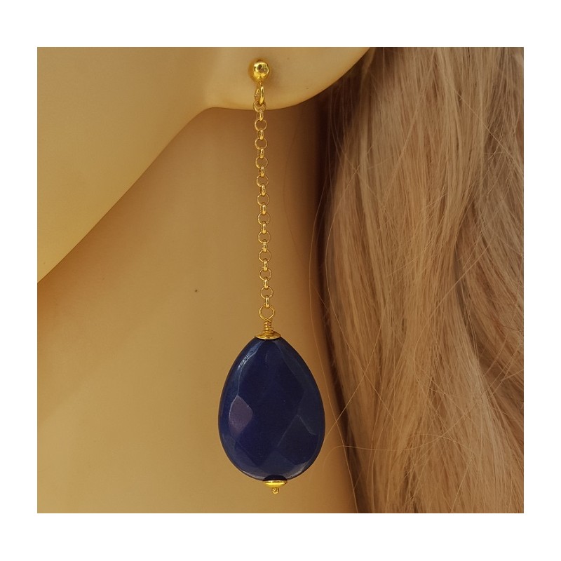 Vergulde oorbellen met Saffier blauwe Jade briolet