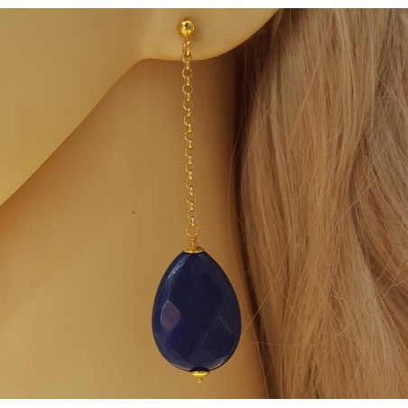 Vergulde oorbellen met Saffier blauwe Jade briolet