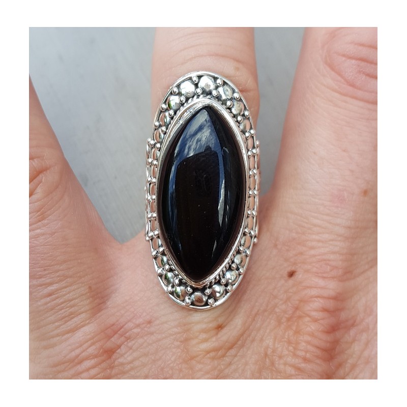 Zilveren ring met marquise zwarte Onyx 16.5 mm