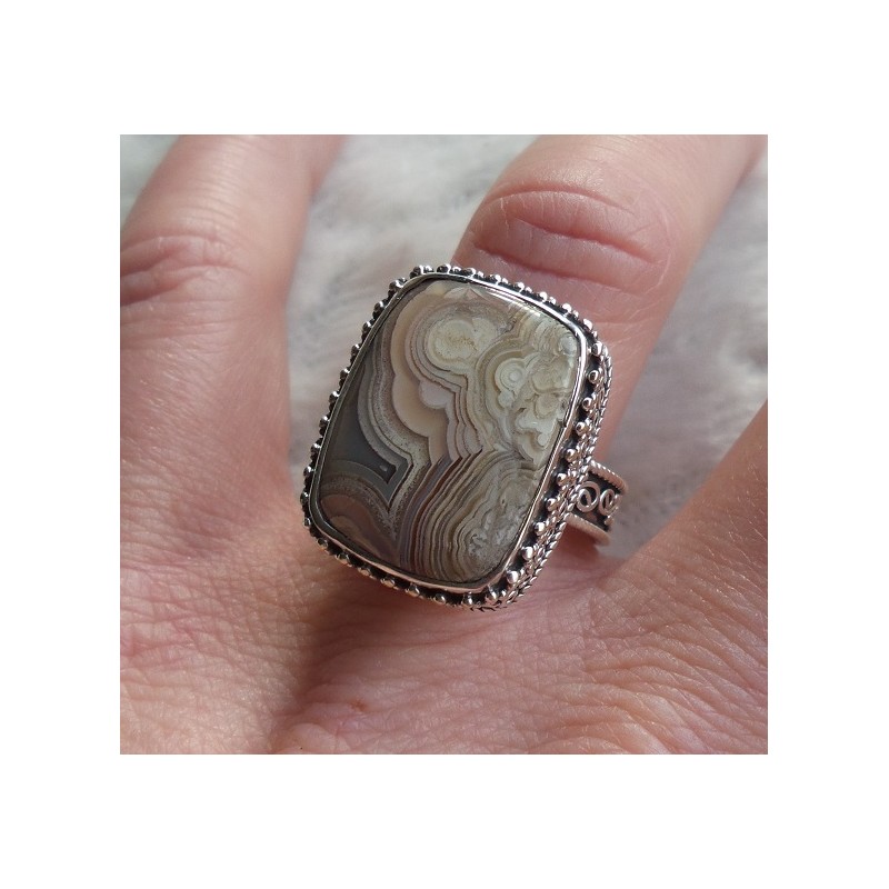 Zilveren ring met Laguna Lace Agaat bewerkte setting 17.5 mm