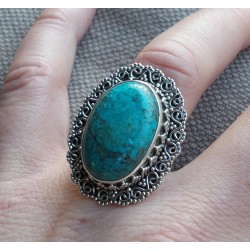 Zilveren ring Malachiet in Chrysocolla bewerkte kop en band 17.5