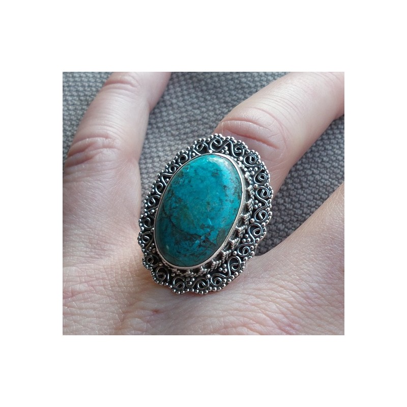 Zilveren ring Malachiet in Chrysocolla bewerkte kop en band 17.5