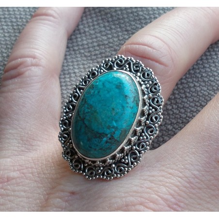 Zilveren ring Malachiet in Chrysocolla bewerkte kop en band 17.5