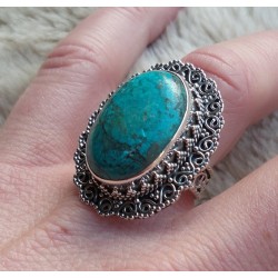 Zilveren ring Malachiet in Chrysocolla bewerkte kop en band 17.5