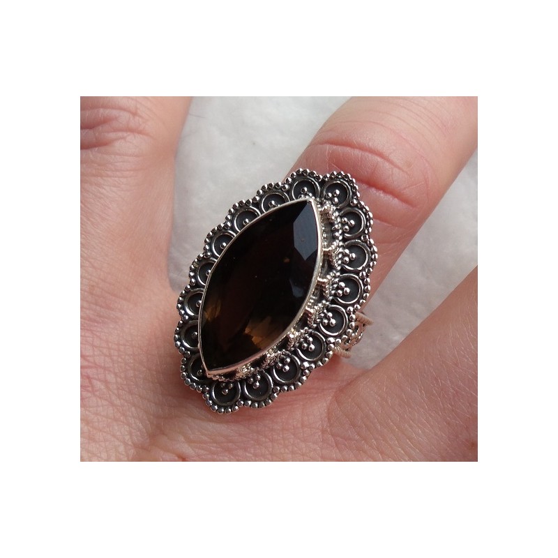 Zilveren ring marquise Smokey Topaas bewerkte kop en band 17.5 m
