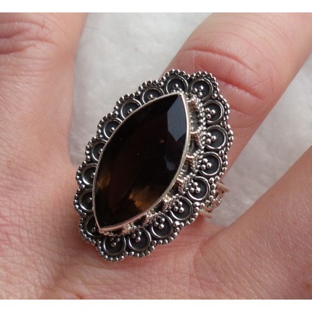 Zilveren ring marquise Smokey Topaas bewerkte kop en band 17.5 m