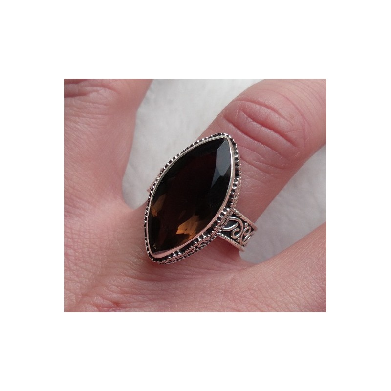Zilveren ring met marquise Smokey Topaas bewerkte setting 17.5 m