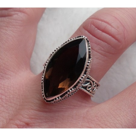 Zilveren ring met marquise Smokey Topaas bewerkte setting 17.5 m