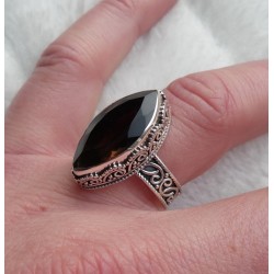 Zilveren ring met marquise Smokey Topaas bewerkte setting 17.5 m