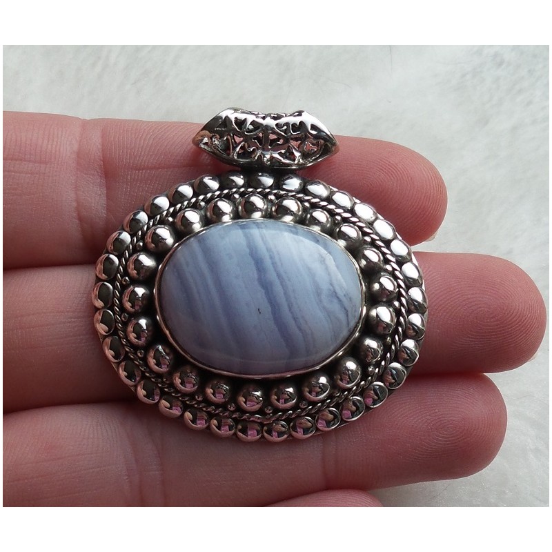 Zilveren hanger ovale blauw Lace Agaat en bewerkte setting