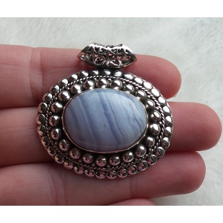 Zilveren hanger ovale blauw Lace Agaat en bewerkte setting