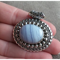 Zilveren hanger ovale blauw Lace Agaat en bewerkte setting
