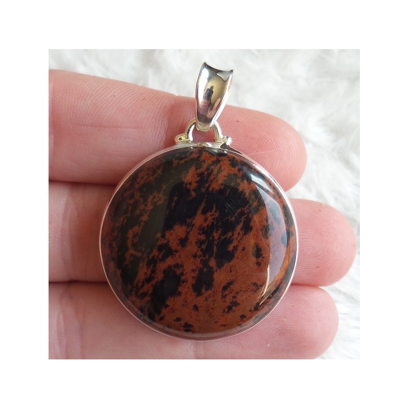 Zilveren hanger gezet met ronde mahonie Obsidiaan