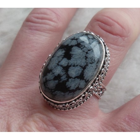 Zilveren ring ovale sneeuwvlok Obsidiaan in bewerkte setting 18.5 mm