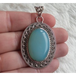 Zilveren hanger ovale aqua Chalcedoon in bewerkte setting