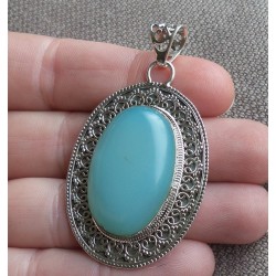 Zilveren hanger ovale aqua Chalcedoon in bewerkte setting